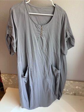 Gray Cotton Linen Dress Medium Pockets Cuffed Sleeves Barrel Fit